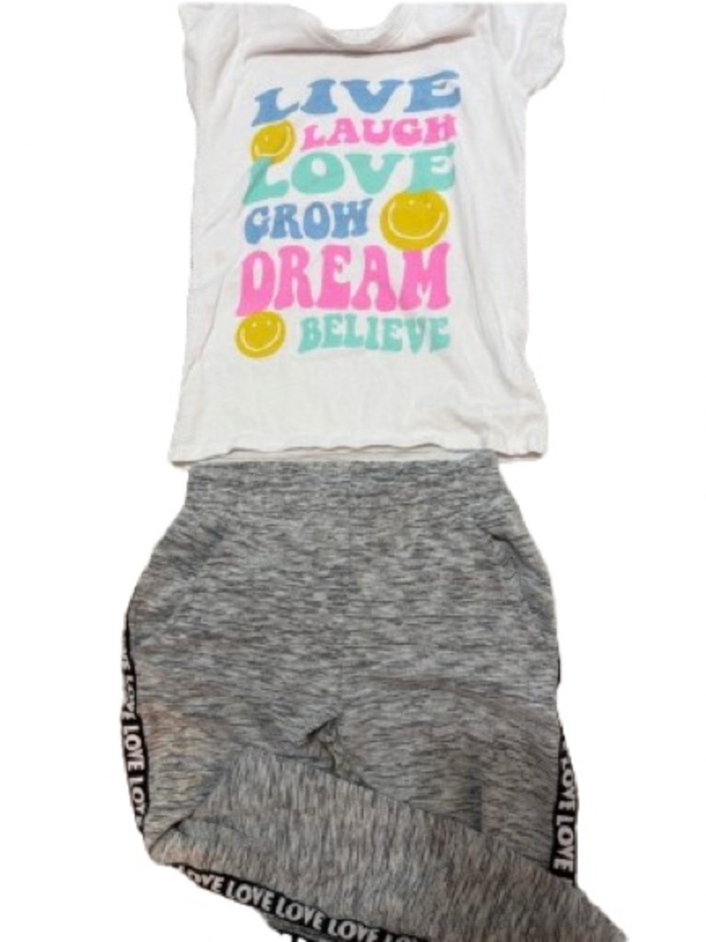 Laugh Love Graphic Tee and Gray Sweatpants from Five Below Size S Juniors